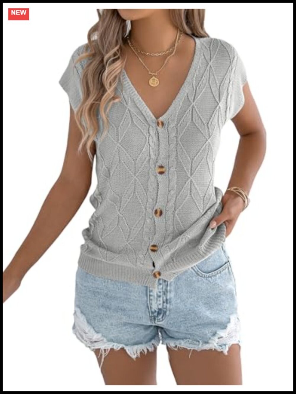 Womens Lightweight Cable Knit Sweater Vest V Neck Button Down Cap Sleeve